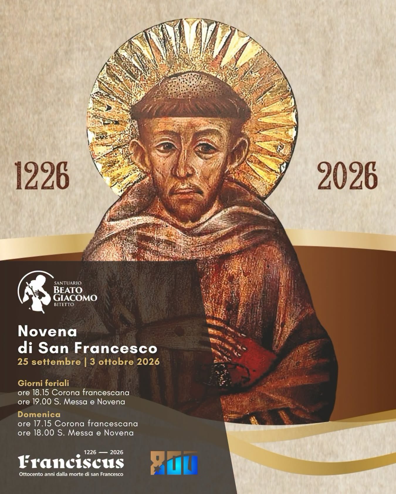 Locandina della novena di San Francesco 2026 presso il Santuario Beato Giacomo di Bitetto con indicazione degli orari e della Corona Francescana.