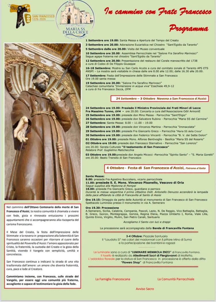 Locandina del programma per la solennità di San Francesco 2026 presso il santuario Maria SS. della Croce di Francavilla Fontana.