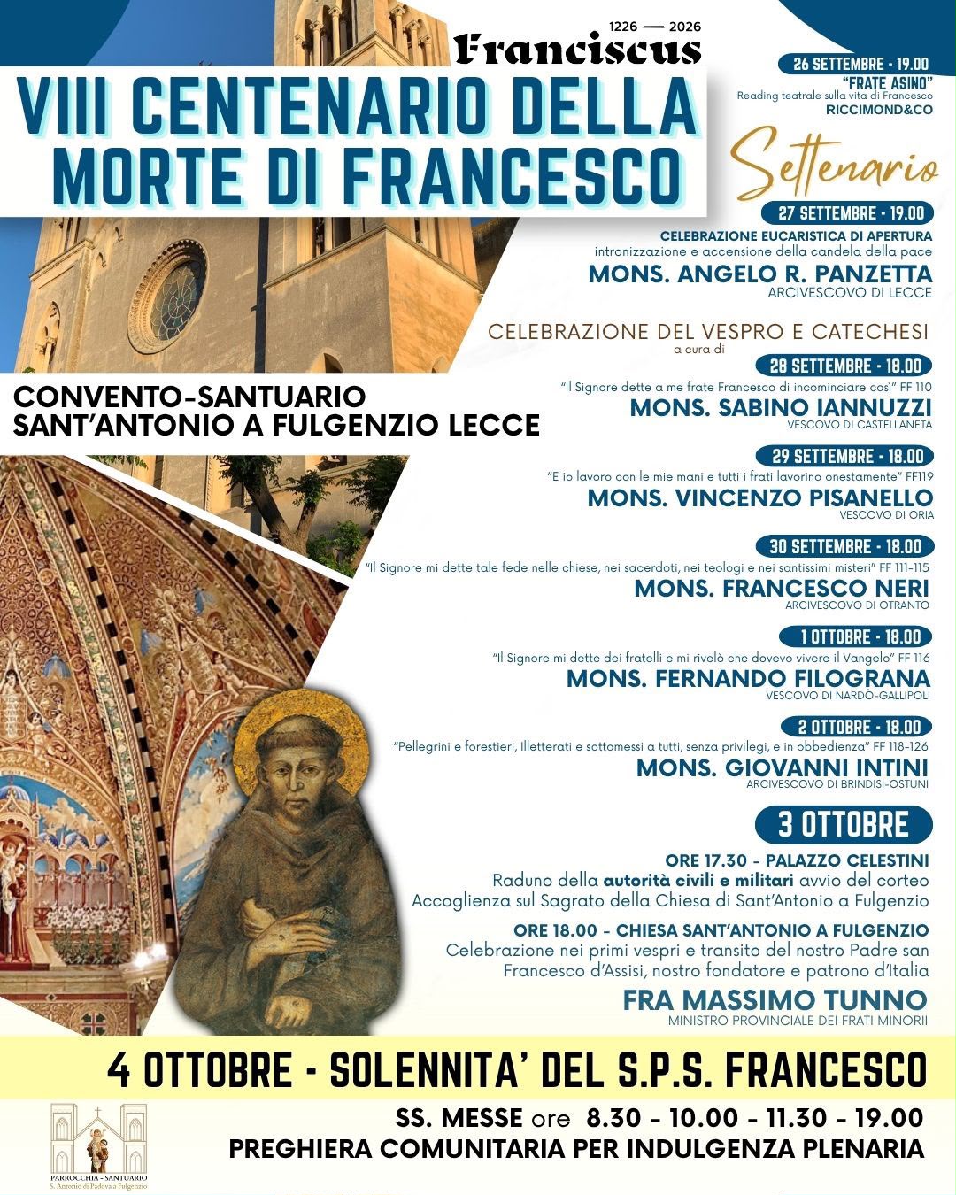 Locandina del programma per la solennità di San Francesco 2026 e del settenario presso il santuario di Sant'Antonio a Fulgenzio a Lecce.
