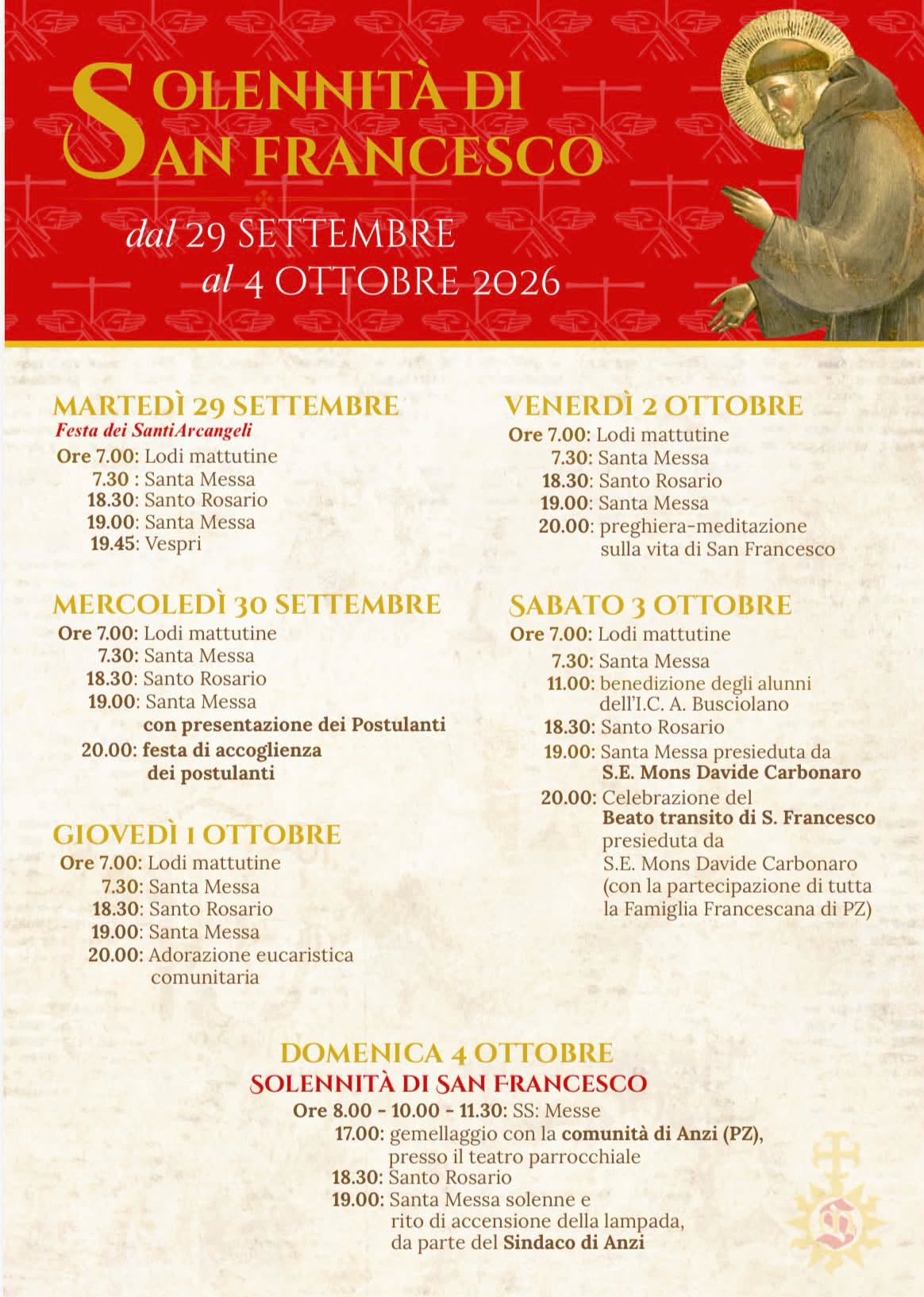 Locandina con il programma completo della solennità di San Francesco 2026 al convento di Potenza.