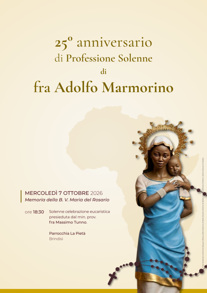 Locandina del 25° anniversario di Professione Solenne di fra Adolfo Marmorino presso la Parrocchia La Pietà di Brindisi per il 7 ottobre 2026.